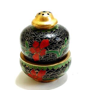 Chinese Cloisonne Open Salt & Pepper Vintage Enamel Brass Floral Black Red Blue